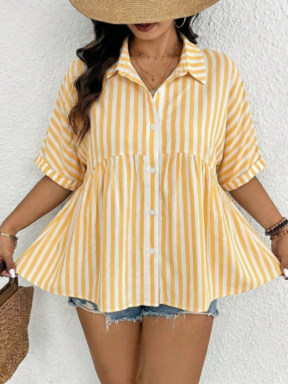 Yellow Chic Women's Striped Print Button Down Short Sleeve Top - Picture 4 of 7